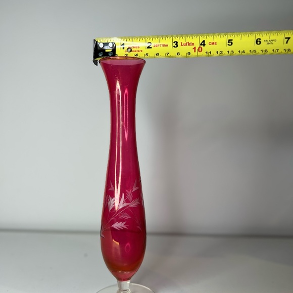 Sold - Antique Vintage Cranberry Floral Etched Glass Vase - Picture 7 of 7